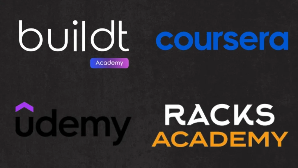 Logos de Racks Academy, Buildt Academy, Coursera y Udemy comparativa cursos de inteligencia artificial 2025