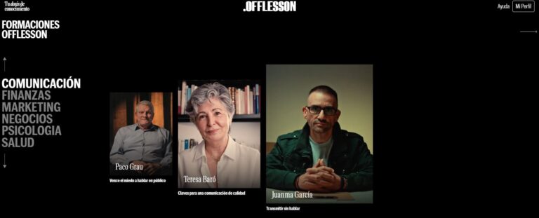 Catálogo de OffLesson: sección Comunicación con Paco Grau, Teresa Baró y Juanma García