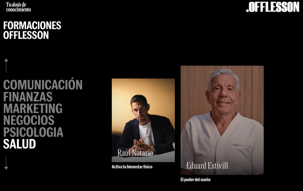 Catálogo de OffLesson: sección Salud con Raúl Notario y Eduard Estivill