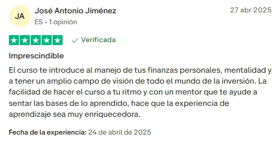 Opinión de alumno José Antonio Jiménez sobre el curso Libertad Financiera 360 (Método RICO) en Trustpilot
