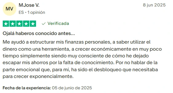 Opinión de alumna MJose sobre Libertad Financiera 360 Método RICO en Trustpilot