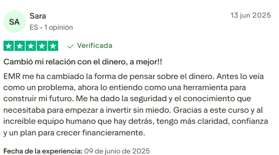 Opinión de alumna Sara sobre el curso Libertad Financiera 360 Método RICO en Trustpilot