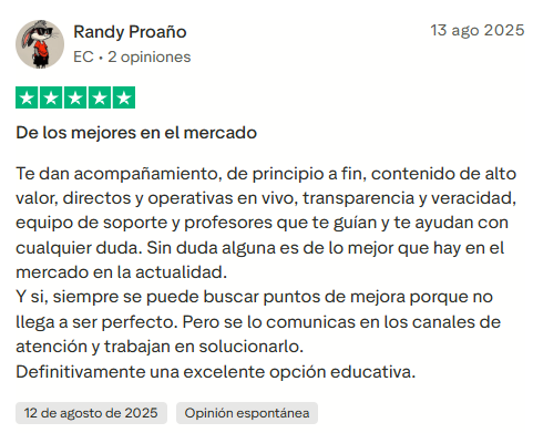 Opinión real de alumno sobre Élite del Trading en Trustpilot