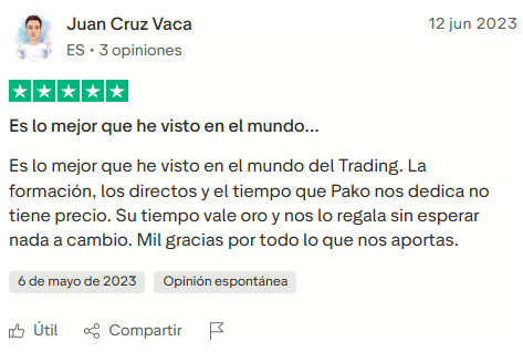 Reseña positiva de Élite del Trading en Trustpilot destacando la formación