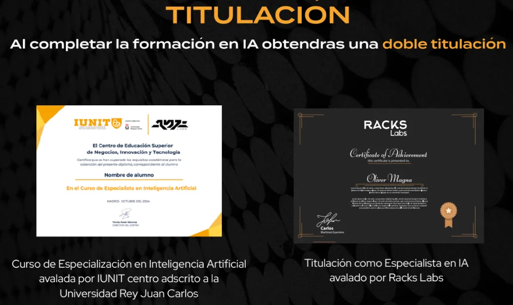 Doble titulación del curso de IA: certificado IUNIT (URJC) y diploma Racks Labs