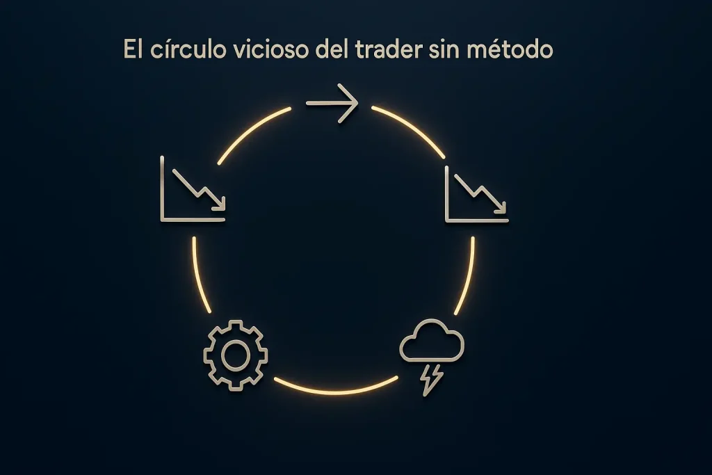 Infografía conceptual que muestra el círculo vicioso del trader sin método en cinco pasos