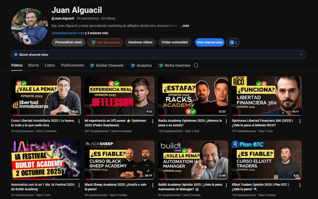 Canal de YouTube de Juan Alguacil con reseñas de cursos y opiniones sobre Partner360, Racks Academy y otros