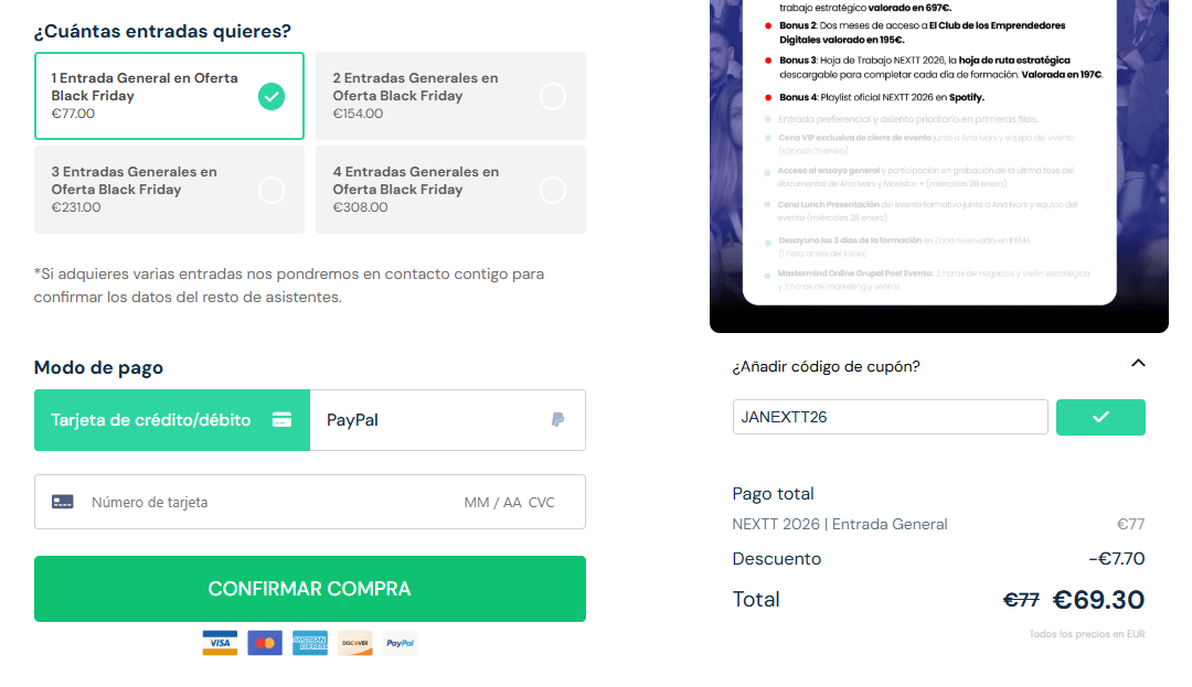 Cómo aplicar el código JANEXTT26 en eventonextt.com Ejemplo de cómo aplicar el código de descuento JANEXTT26 en la compra de entradas del evento NEXTT 2026