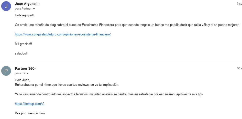 Correo entre Juan Alguacil y el equipo de Partner360 agradeciendo la reseña y ofreciendo feedback personalizado