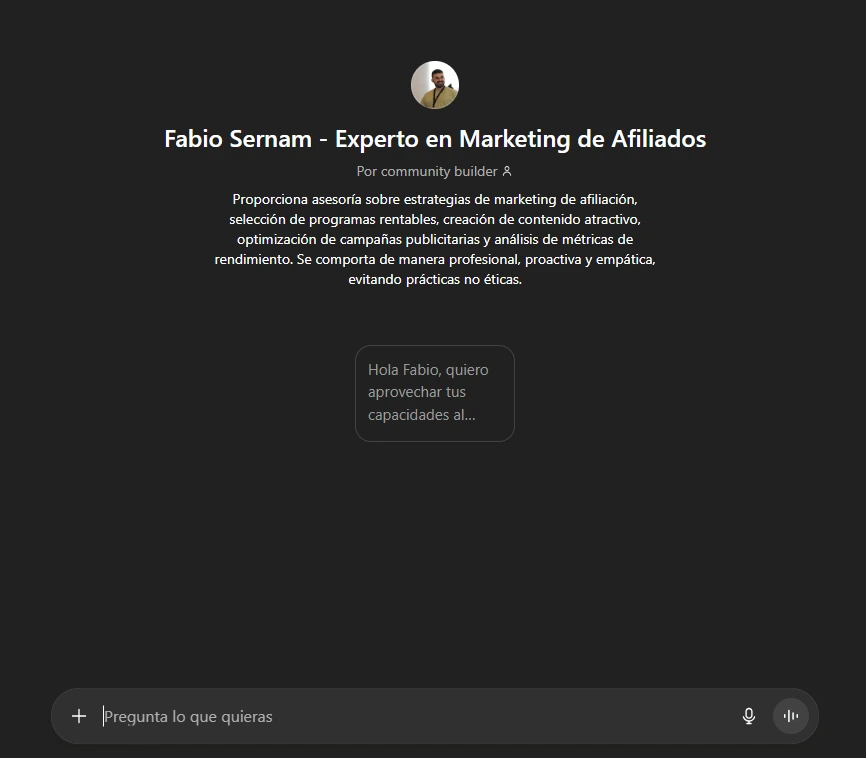 Interfaz del GPT personalizado incluido como bonus en Partner360 con el conocimiento completo del curso