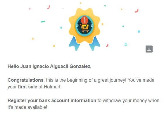 Correo de Hotmart confirmando la primera venta del usuario Juan Alguacil en el programa Partner360