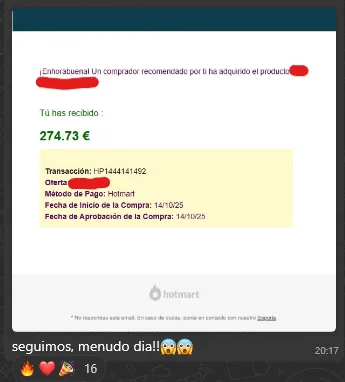Ticket de pago de Hotmart por 603,18 € correspondiente a una venta del curso Partner360 V2
