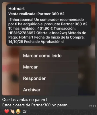 Notificación de Hotmart felicitando por la primera venta del curso Partner360 V2, 401,90 € recibidos