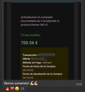 Mensaje en grupo de Partner360 celebrando una venta real de un alumno por 274,73 € en Hotmart
