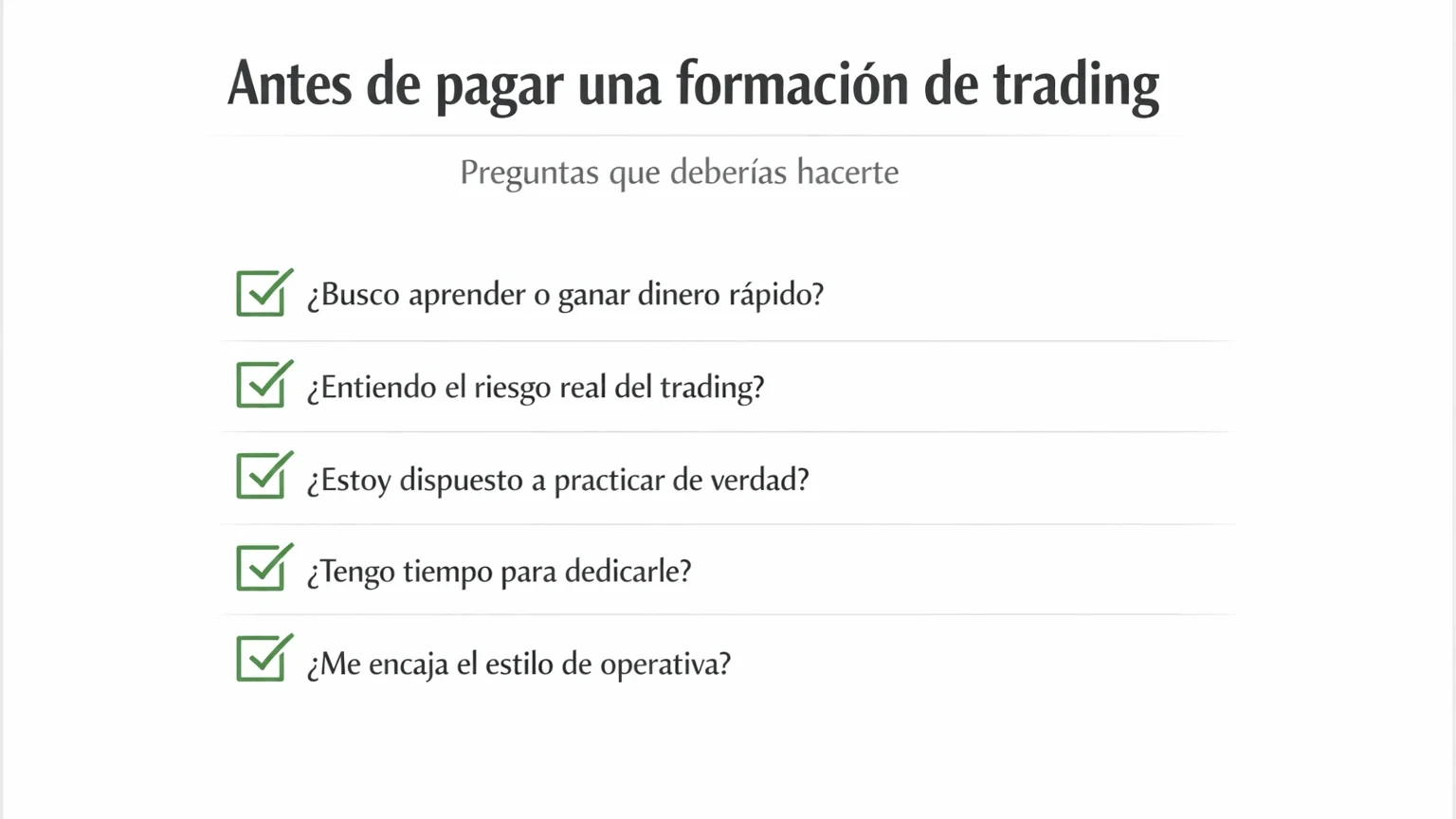 Checklist visual con preguntas clave antes de pagar una formación de trading de Enrique Moris