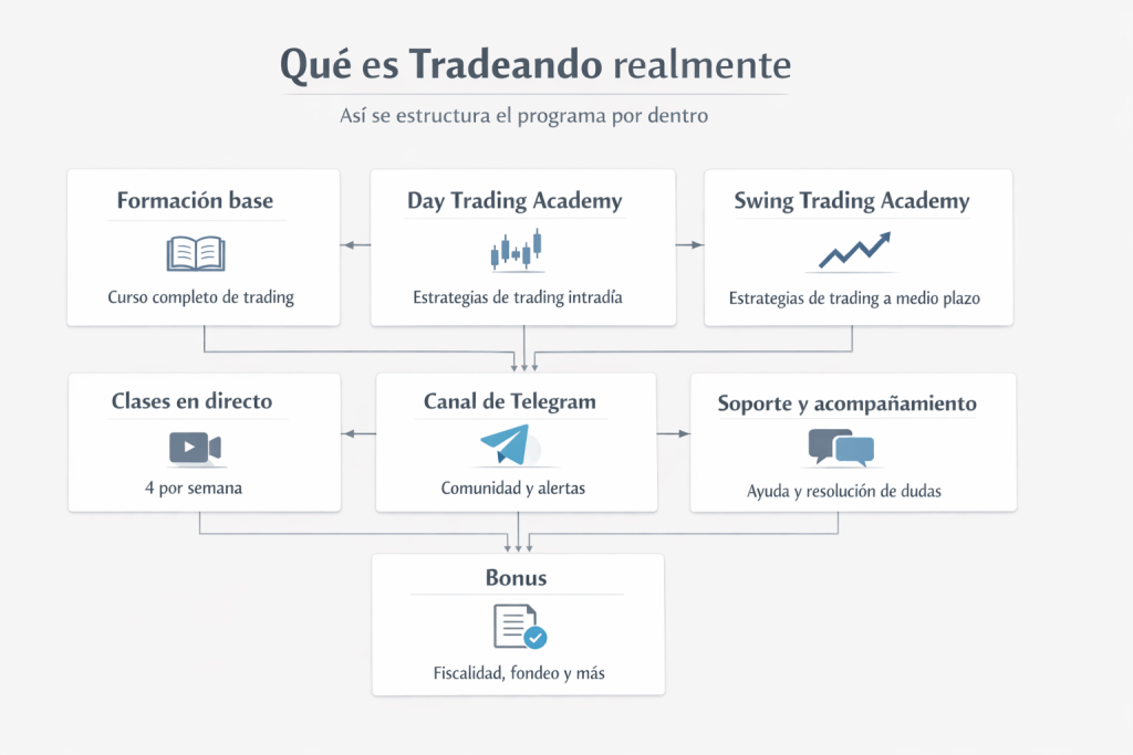 Esquema visual de la estructura de Tradeando.net con formación base, day trading, swing trading, clases en directo, Telegram, soporte y bonus