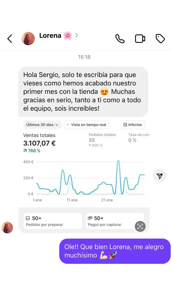 Captura de testimonio con resultados mensuales de Ecommerce Acelerator 1 