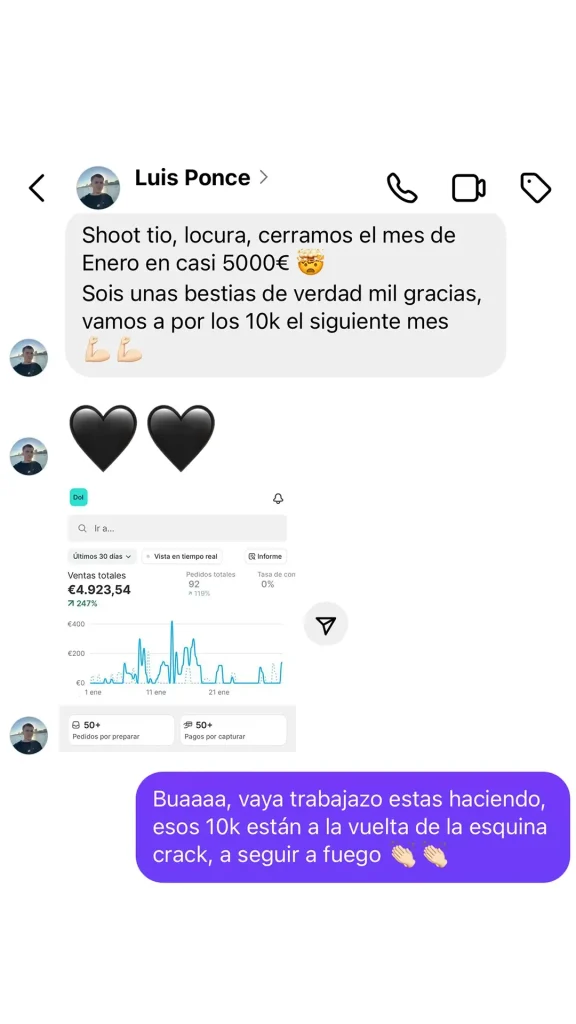 Captura de testimonio con resultados mensuales de Ecommerce Acelerator 2 