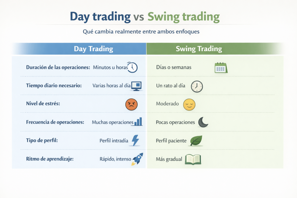 Comparativa visual entre day trading y swing trading con diferencias en duración, tiempo, estrés, frecuencia, perfil y ritmo de aprendizaje