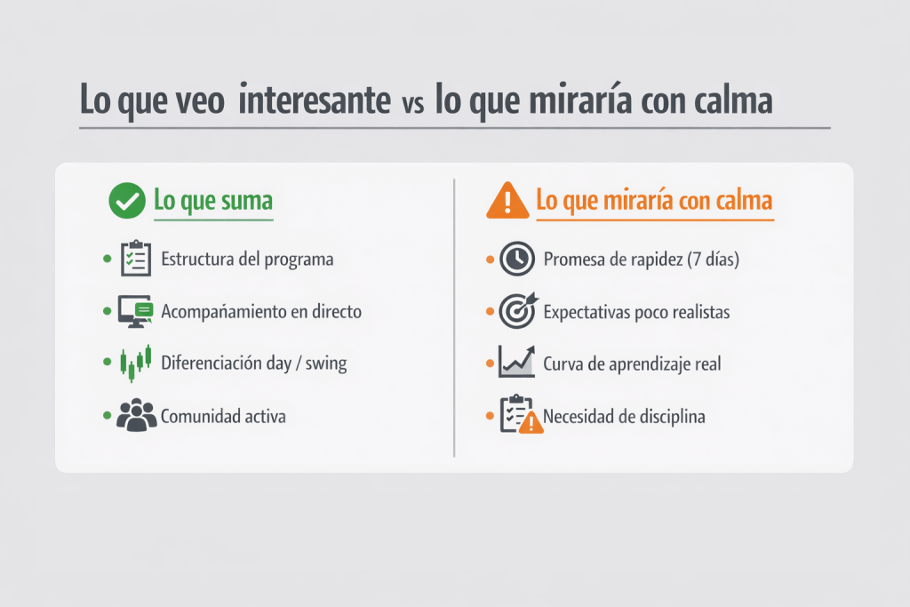 Balance visual sobre los puntos fuertes de Tradeando.net de Enrique Moris y los aspectos que conviene mirar con más calma