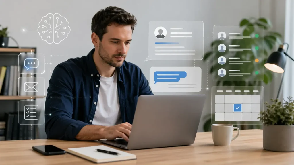 Profesional trabajando como appointment setter con IA en entorno de ventas digitales